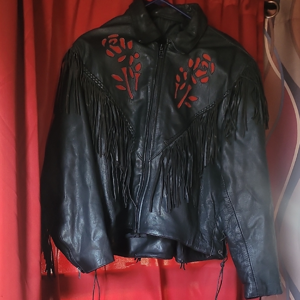 Fringed Black Leather Jacket with Red Floral Accents